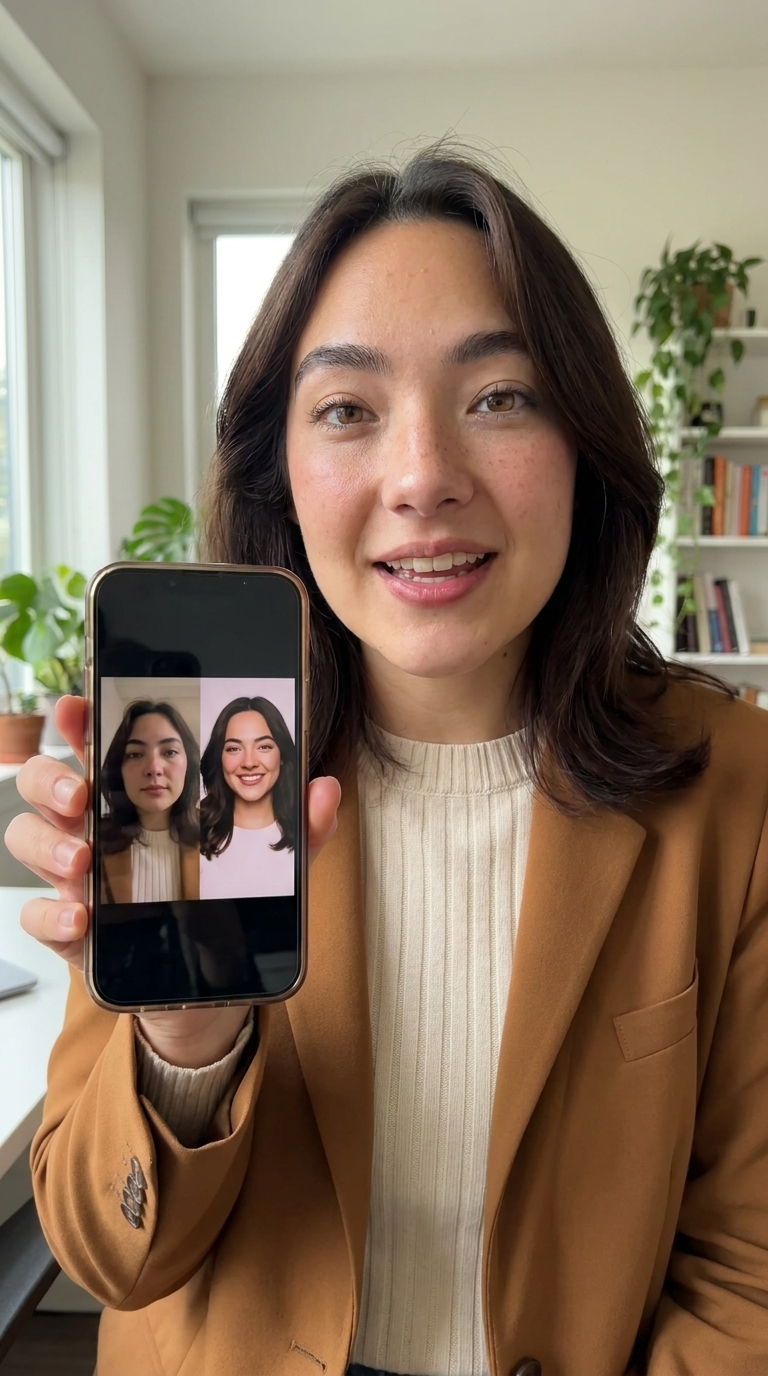 A dull phone selfie turned into a polished LinkedIn headshot